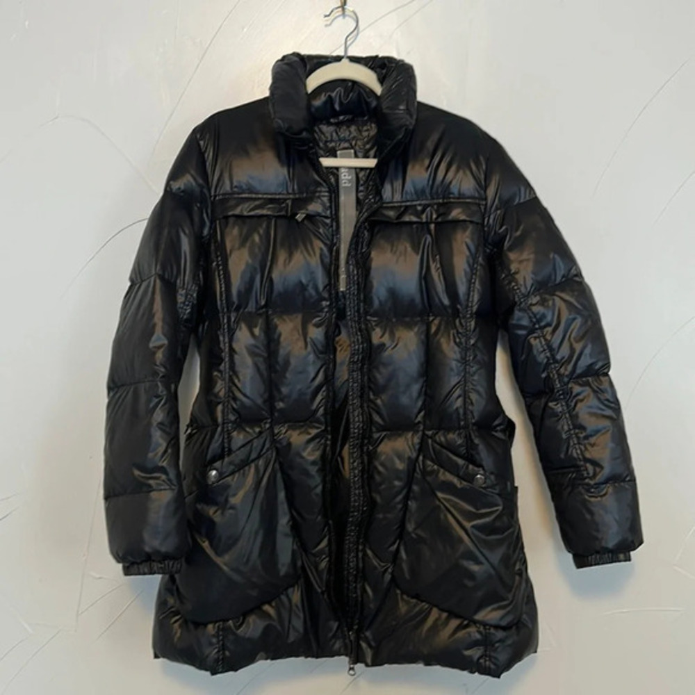 ADD Down Women’s Black Belted Longline Jacket EUC US12 - Picture 1 of 10
